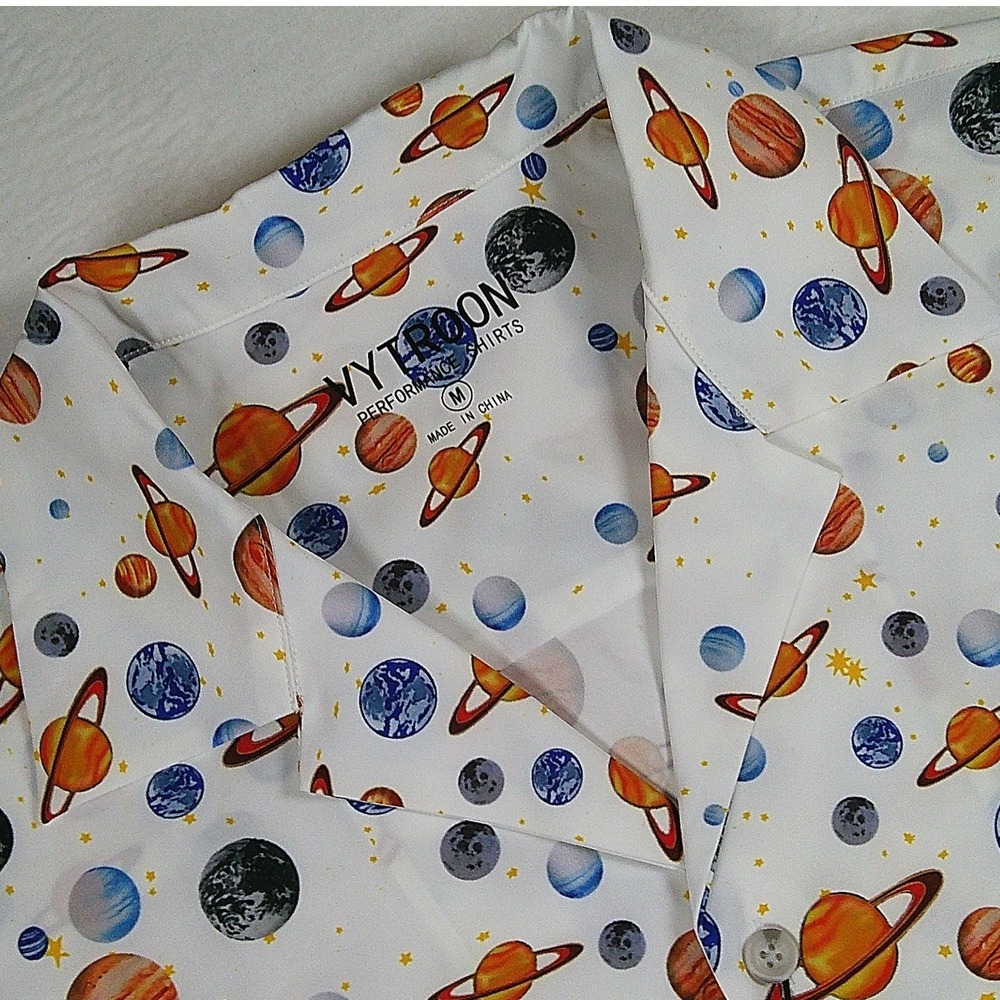 Vytroon Mens Solar System Planets Performance Golf Shirt White Size Medium NWT‎